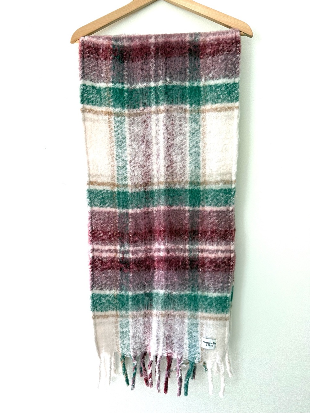 Abercrombie & Fitch Oversized Plaid Blanket Scarf Faux Mohair Mauve Green Cozy - Picture 4 of 9